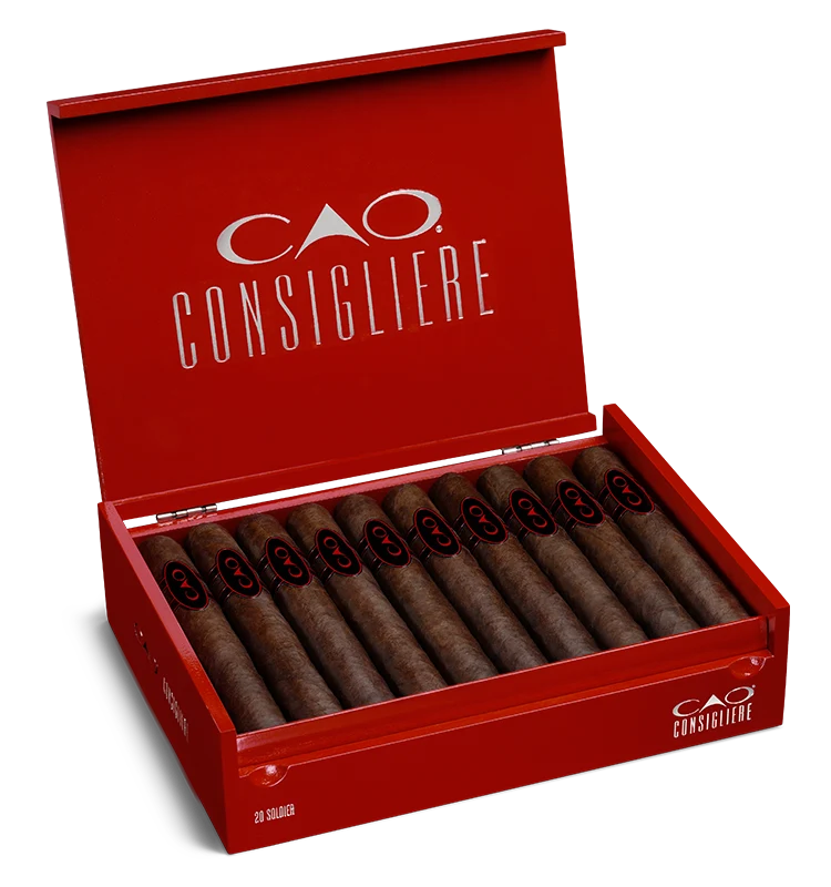 Open box of CAO Consigliere cigars with dark Brazilian wrappers and bold, mob-inspired presentation.