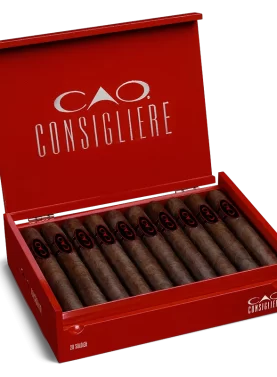Open box of CAO Consigliere cigars with dark Brazilian wrappers and bold, mob-inspired presentation.