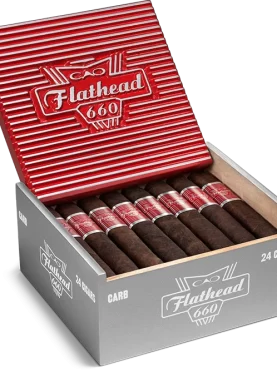 Open box of CAO Flathead cigars with dark, box-pressed wrappers and retro automotive-themed packaging.