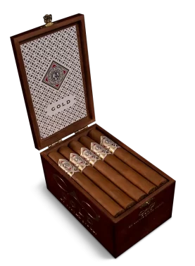 Open box of CAO Gold cigars with light Ecuadorian Connecticut wrappers and elegant presentation.