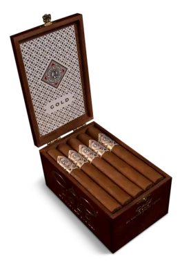 Open box of CAO Gold cigars with light Ecuadorian Connecticut wrappers and elegant presentation.