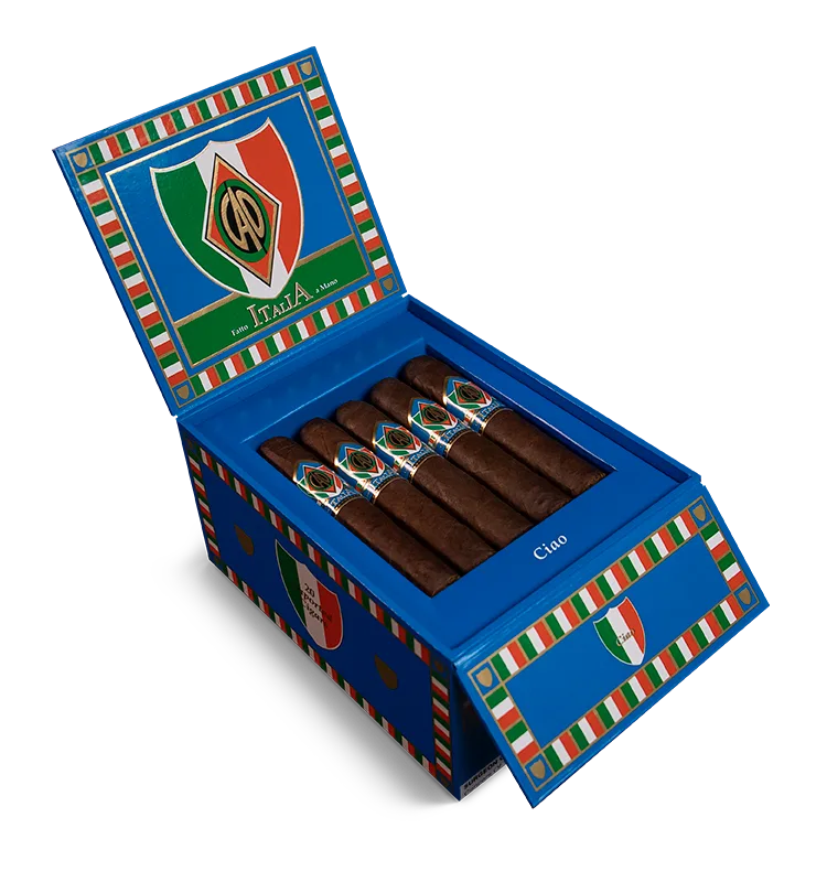 Open box of CAO Italia cigars featuring dark Honduran wrappers and bold blue and gold bands