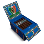 Open box of CAO Italia cigars featuring dark Honduran wrappers and bold blue and gold bands