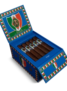 Open box of CAO Italia cigars featuring dark Honduran wrappers and bold blue and gold bands