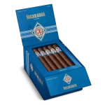 Open box of CAO Nicaragua cigars with rich brown wrappers and bold Nicaraguan branding.