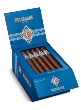Open box of CAO Nicaragua cigars with rich brown wrappers and bold Nicaraguan branding.