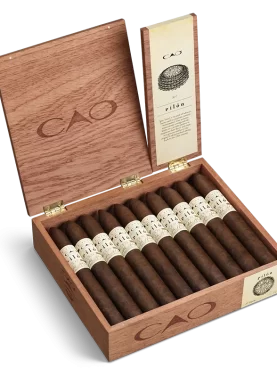 Open box of CAO Pilon cigars with reddish-brown Honduran wrappers and distinct, classic branding