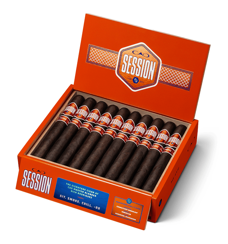 Open box of CAO Session cigars with smooth Ecuadorian Sumatra wrappers and refined, modern branding.