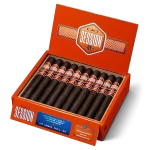 Open box of CAO Session cigars with smooth Ecuadorian Sumatra wrappers and refined, modern branding.
