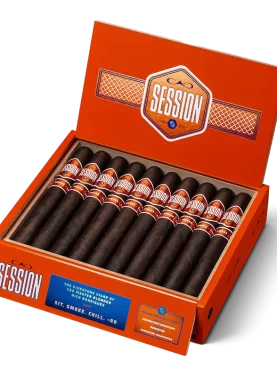 Open box of CAO Session cigars with smooth Ecuadorian Sumatra wrappers and refined, modern branding.