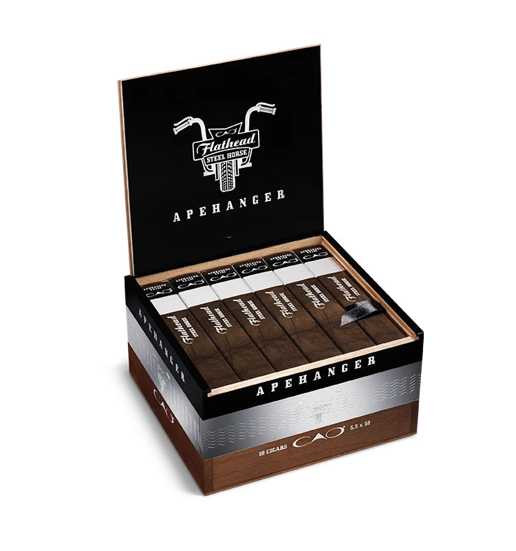 Open box of CAO Steel Horse cigars with rugged, dark wrappers and bold steel-themed branding.