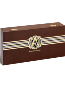 Closed box of AVO Heritage cigars featuring elegant branding and rich wood finish.