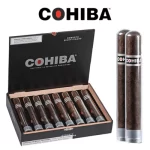Two single Cohiba Black cigars displayed in front of an open Cohiba Black cigar box