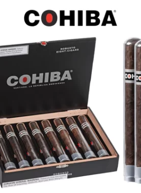 Two single Cohiba Black cigars displayed in front of an open Cohiba Black cigar box