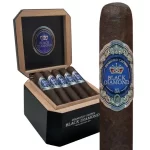 Open box of Diamond Crown Black Diamond cigars with a single cigar displayed in front, featuring dark wrappers and luxurious black-and-purple bands.