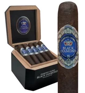 Open box of Diamond Crown Black Diamond cigars with a single cigar displayed in front, featuring dark wrappers and luxurious black-and-purple bands.