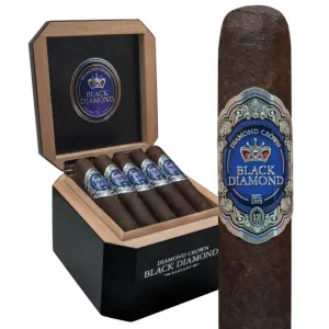 Open box of Diamond Crown Black Diamond cigars with a single cigar displayed in front, featuring dark wrappers and luxurious black-and-purple bands.
