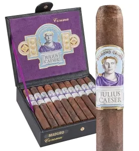Open box of Diamond Crown Julius Caeser cigars featuring elegant bands and expertly crafted cigars with rich brown wrappers.