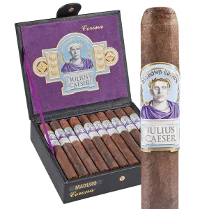 Open box of Diamond Crown Julius Caeser cigars featuring elegant bands and expertly crafted cigars with rich brown wrappers.