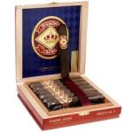 Open box of Diamond Crown Maduro cigars with dark, rich Connecticut Broadleaf wrappers and elegant gold-and-red branding.