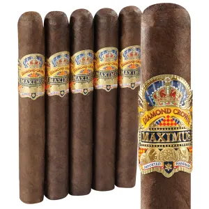 Open box of Diamond Crown Maximus cigars with five dark, oily cigars arranged in the front, showcasing bold bands and luxurious presentation.