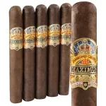 Open box of Diamond Crown Maximus cigars with five dark, oily cigars arranged in the front, showcasing bold bands and luxurious presentation.