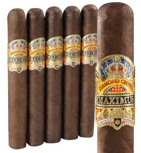 Open box of Diamond Crown Maximus cigars with five dark, oily cigars arranged in the front, showcasing bold bands and luxurious presentation.