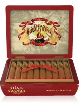 An open box of Dias de Glorias Habano cigars, showcasing their rich, smooth Habano wrappers and neatly arranged cigars, highlighting their full-bodied flavor profile with notes of spice, earth, and a touch of sweetnes