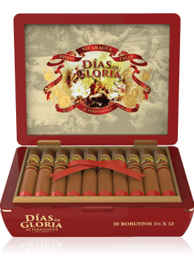 An open box of Dias de Glorias Habano cigars, showcasing their rich, smooth Habano wrappers and neatly arranged cigars, highlighting their full-bodied flavor profile with notes of spice, earth, and a touch of sweetnes