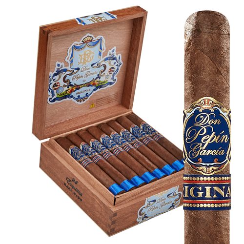 Single Don Pepin Garcia Original cigar with open box in the background