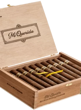 Open box of Mi Querida cigars with dark, earthy wrappers and bold banding