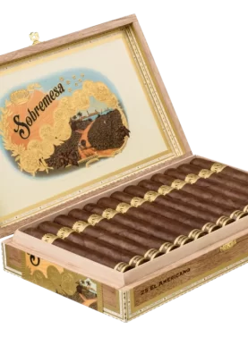 Open box of Sobremesa cigars with dark, oily wrappers and elegant gold-trimmed bands