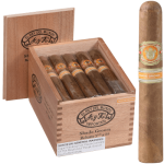 Open box of El Rey del Mundo Shade cigars with smooth, golden Connecticut Shade wrappers and classic branding.