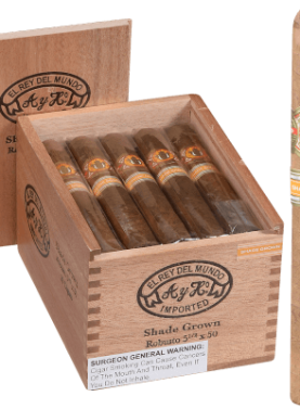 Open box of El Rey del Mundo Shade cigars with smooth, golden Connecticut Shade wrappers and classic branding.
