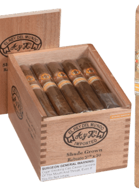 Open box of El Rey del Mundo Shade cigars with smooth, golden Connecticut Shade wrappers and classic branding.
