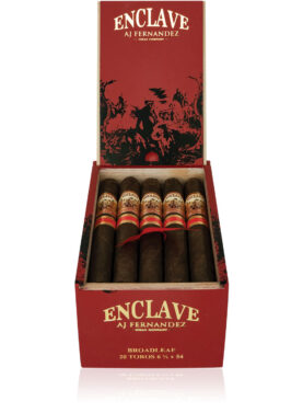 An open box of Enclave Broadleaf cigars, featuring dark, oily Connecticut Broadleaf wrappers and neatly arranged cigars, showcasing their bold, full-bodied flavor profile with notes of dark chocolate, coffee, and pepper.