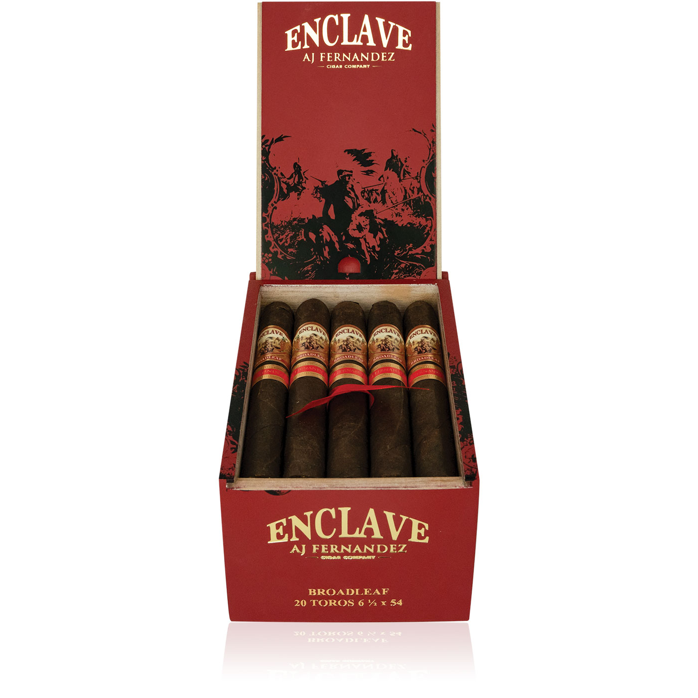 An open box of Enclave Broadleaf cigars, featuring dark, oily Connecticut Broadleaf wrappers and neatly arranged cigars, showcasing their bold, full-bodied flavor profile with notes of dark chocolate, coffee, and pepper.