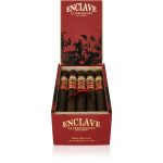 An open box of Enclave Broadleaf cigars, featuring dark, oily Connecticut Broadleaf wrappers and neatly arranged cigars, showcasing their bold, full-bodied flavor profile with notes of dark chocolate, coffee, and pepper.