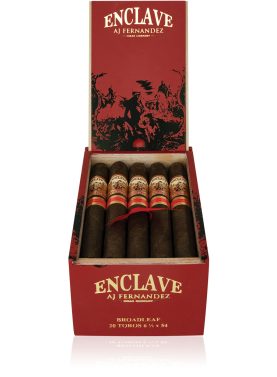 An open box of Enclave Broadleaf cigars, featuring dark, oily Connecticut Broadleaf wrappers and neatly arranged cigars, showcasing their bold, full-bodied flavor profile with notes of dark chocolate, coffee, and pepper.