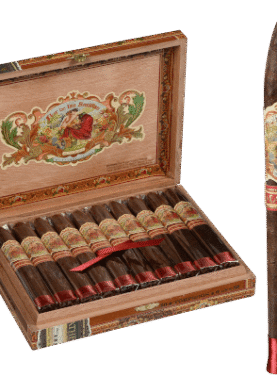 Flor de las Antillas Maduro single cigar with open box in the background
