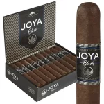 An open box of Joya de Nicaragua Black cigars, showcasing the bold and rich Connecticut Broadleaf Maduro wrappers.