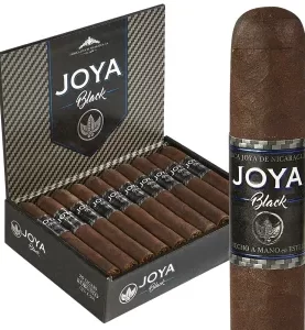 An open box of Joya de Nicaragua Black cigars, showcasing the bold and rich Connecticut Broadleaf Maduro wrappers.