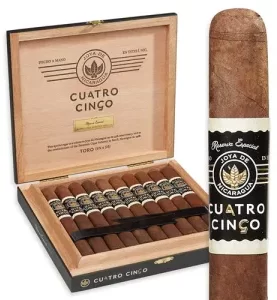 Open box of Joya de Nicaragua Cuatro Cinco cigars, showcasing their premium craftsmanship and bold, complex wrappers
