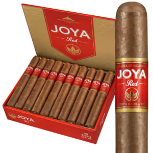 Open box of Joya de Nicaragua Red cigars neatly arranged with vibrant red bands.