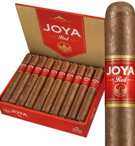 Open box of Joya de Nicaragua Red cigars neatly arranged with vibrant red bands.