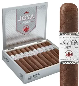 Open box of Joya de Nicaragua Silver cigars neatly arranged with visible bands.