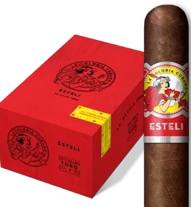 La Gloria Cubana Estelí cigar displayed in front of its closed box, highlighting Nicaraguan craftsmanship and bold presentation.