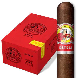 La Gloria Cubana Estelí cigar displayed in front of its closed box, highlighting Nicaraguan craftsmanship and bold presentation.