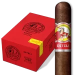 La Gloria Cubana Estelí cigar displayed in front of its closed box, highlighting Nicaraguan craftsmanship and bold presentation.