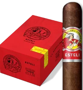 La Gloria Cubana Estelí cigar displayed in front of its closed box, highlighting Nicaraguan craftsmanship and bold presentation.